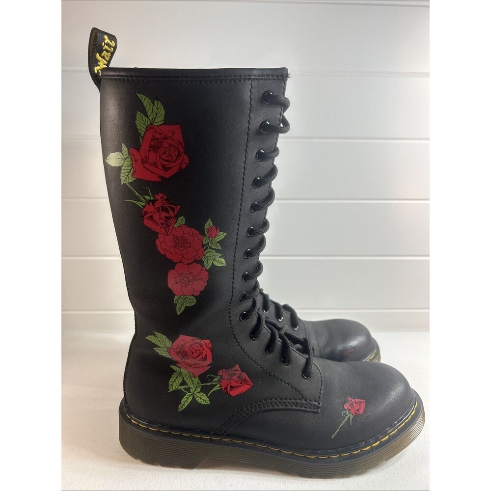 Dr. Martens 1914 Vonda Women’s Size 6 Roses Black Leather 14-Eye Tall Laced